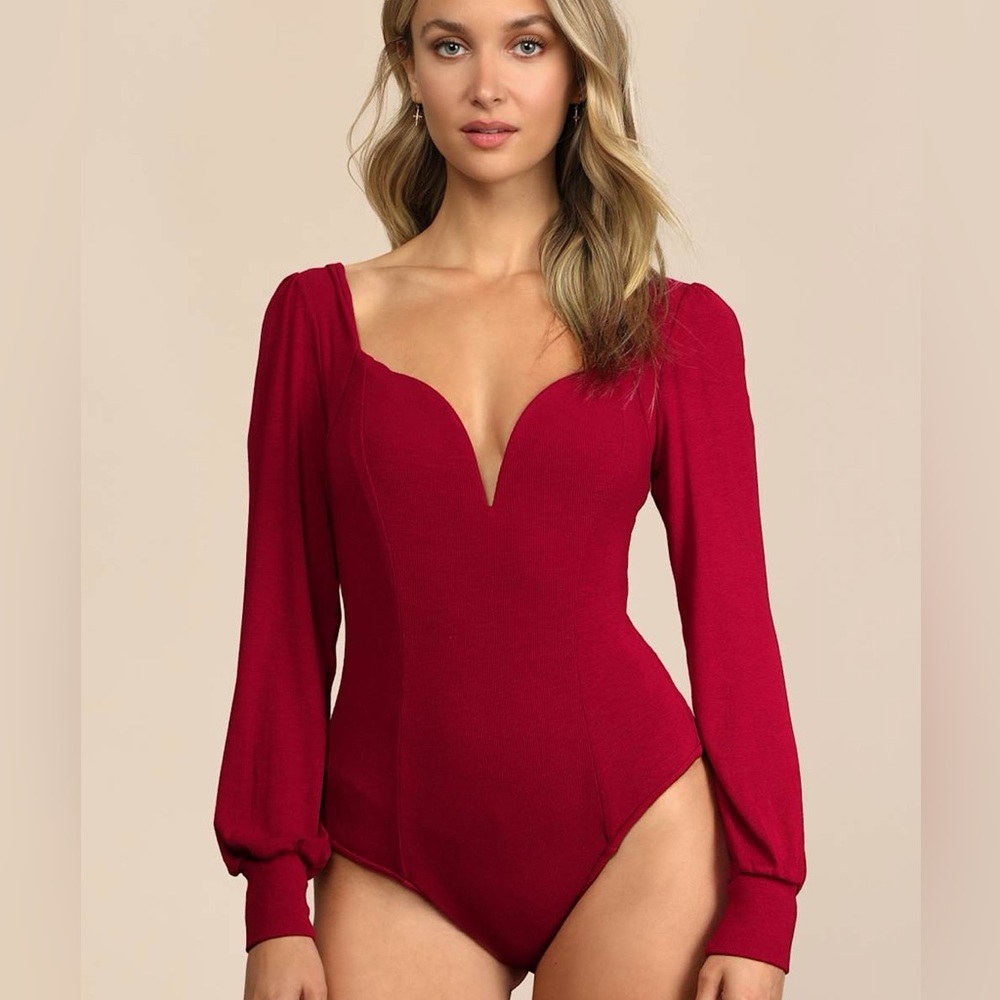 Lulu's Crimson Deep V Long Sleeve Bodysuit